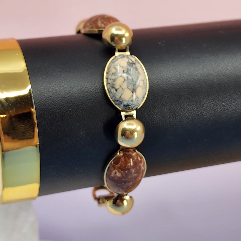 Emmons Gold Tone Brown Cream Marbled Cabochon Link Bracelet Vintage Statement